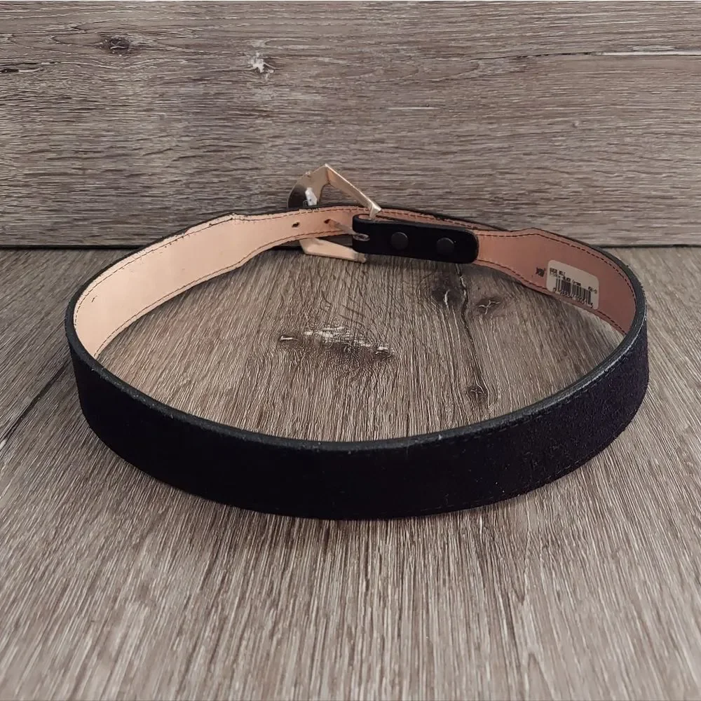 Black Suede Belt with Red, Black, and Silver-tone Geometric Buckle XS